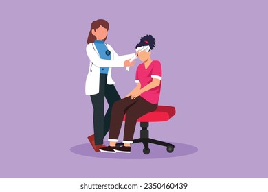 Character flat drawing doctor bandaging head of injured woman in hospital. Paramedic and beautiful female patient head injury. Emergency, first aid, medical concept. Cartoon design vector illustration