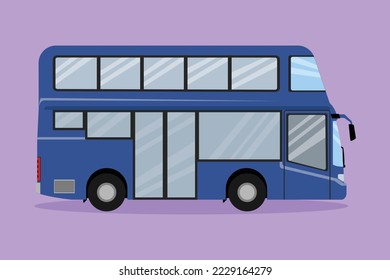 Character flat drawing double decker buses that are seen from the side, serve tourists to go around the city enjoying their holidays. Public vehicle transportation. Cartoon design vector illustration