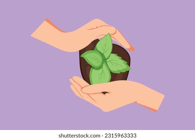 Character flat drawing of ecology sapling tree growing up and planting on land. Hands kids team work protecting and reduce global warming earth logo, icon. Top view. Cartoon design vector illustration