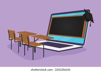 Character flat drawing empty study chairs and desks facing giant laptop computer screen in which there is whiteboard and graduation cap on top. E-learning metaphor. Cartoon design vector illustration