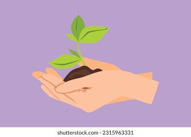 Character flat drawing environment earth day in the hands of trees growing seedlings. Side view of hand holding tree on nature field grass forest conservation logo. Cartoon design vector illustration