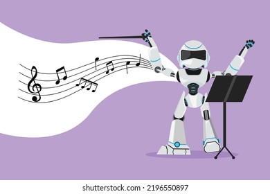 Charakterflache Zeichnung expressiver Roboter Dirigent Regie Musik Orchester. Klassische Musik. Moderne robotische künstliche Intelligenz. Elektronische Technologieindustrie. Cartoon-Design, Vektorgrafik