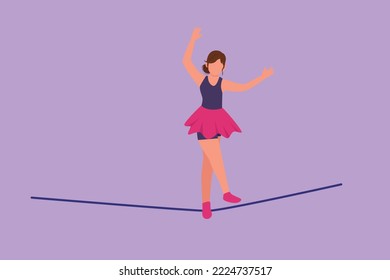 Caracterizar a las mujeres dibujantes de acróbata caminando sobre una cuerda mientras bailan y levantan la mano. La atracción requiere coraje y agilidad. Espectáculos de circo. Ilustración vectorial de diseño de dibujos animados