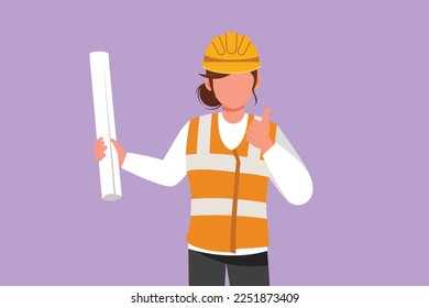 Caracterizar a la arquitecta plana con chaleco y casco con gesto de pulgares hacia arriba, cargando papel plano para el plan de trabajo de construcción. Generador de trabajo en el sitio. Ilustración vectorial de diseño de dibujos animados