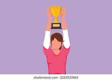 Character flat drawing female athlete wearing sport jersey lifting gold trophy with both hands. Happy woman celebrating victory of national competition championship. Cartoon design vector illustration