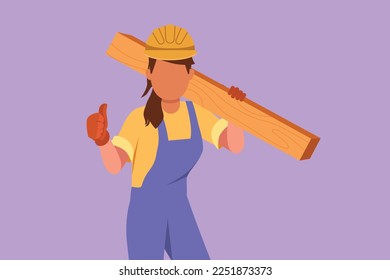 Character flat drawing female carpenter carrying wooden board with thumbs up gesture and working in workshop making wooden products. Skills in using carpentry tool. Cartoon design vector illustration