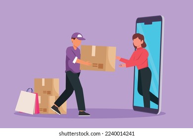 Character flat drawing female customer receives boxed package, through smartphone screen from male courier. Online delivery service concept. Online store technology. Cartoon design vector illustration