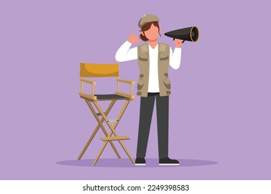 Character flat drawing female film director standing holding megaphone with call me gesture while prepare camera crew for shooting comedy series. Creative industry. Cartoon design vector illustration
