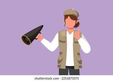 Character flat drawing female film director holding megaphone with thumbs up gesture, wearing vest, and cap while set the crew for shooting romance film in studio. Cartoon design vector illustration