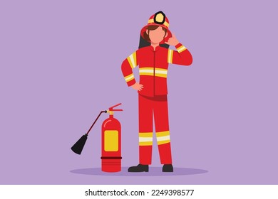 Character flat drawing female firefighter standing with fire extinguisher wear helmet and uniform with call me gesture. Working to extinguish fire in burn building. Cartoon design vector illustration