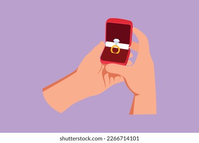 Character flat drawing of female hand holding red box with ring. Groom gift for bride on their special day. Marriage celebration concept. Happy woman on wedding day. Cartoon design vector illustration