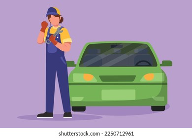 Character flat drawing female mechanic standing in front of car with celebrate gesture and holding wrench to perform maintenance on vehicle engine or transportation. Cartoon design vector illustration
