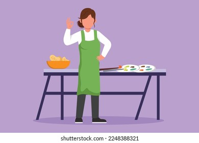 Character flat drawing female painter standing with okay gesture near table and painting tools to produce artwork on canvas in workshop studio. Creative work or job. Cartoon design vector illustration