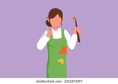 Character flat drawing female painter holding paintbrush with thumbs up gesture, using painting tools such as brushes, canvas, and watercolors. Produce creative art. Cartoon design vector illustration