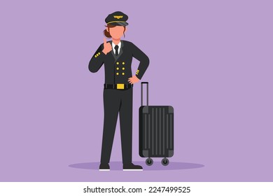 Character flat drawing of female pilot standing with thumbs up gesture with uniform, ready to riding or flying airplane for bringing passengers to their destination. Cartoon design vector illustration