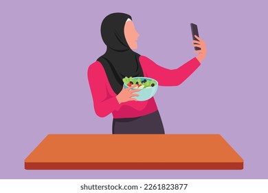 Character flat drawing female taking selfie or making video call using smartphone while platting fresh salad. Arabian woman cooking healthy food or nutrition meal. Cartoon design vector illustration