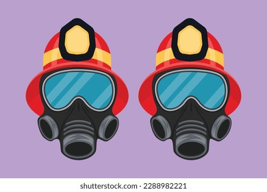 Zeichen flach gezeichneter Feuerwehrhelm und Gasrespirator. Maske mit Brille, Luftfilter. Schutz vor Vergiftung durch Rauch und Rauch. Cartoon-Design, Vektorgrafik