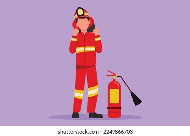 Character flat drawing firefighters standing with fire extinguisher wearing helmet and uniform with celebrate gesture. Working to extinguish fire in burn building. Cartoon design vector illustration