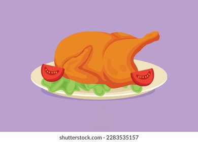 Dibujo plano de carácter fresco delicioso logotipo de pavo asado. Menú típico para celebraciones festivas concepto de menú de restaurante o servicio de entrega de comida. Ilustración vectorial de diseño de dibujos animados