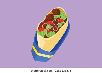 Dibujo plano de caracteres fresco caliente picante en línea shawarma shop logo. Delicioso rollo árabe con carne, ensalada, tomate. Kebab con pollo y cebolla. Para la carta del restaurante. Ilustración vectorial de diseño de dibujos animados