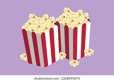 Character flat drawing fresh sweet delicious pop corn with stripped pattern paper box. Snack for watching movies concept. Logo for cafe shop, food delivery service. Cartoon design vector illustration