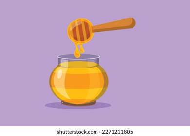 Character flat drawing fresh sweet natural gold honey on glass jar with wooden dipper. Healthy natural food store organic supplement icon for cafe or food delivery. Cartoon design vector illustration