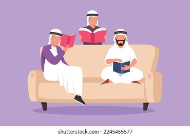 Character flat drawing friendly Arab family reads books together in living room at home. Brothers and children are sitting on couch. Concept of joint family reading. Cartoon design vector illustration