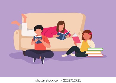 Character flat drawing friendly family reads books together in living room at home. Parents and children are sitting on couch. The concept of joint family reading. Cartoon design vector illustration