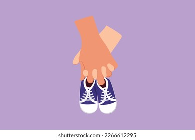 Character flat drawing future parent holding hands and pair of little shoes. Childhood with great daddy. Boy have bonding with his father. Happy family with newborn. Cartoon design vector illustration