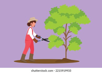 Carácter plano de jardinería trenzas de jardín, mujer cortando árbol en parque. Lágrimas de poda para cortar follaje. Diseñador paisajístico en overoles con tijeras. Ilustración vectorial de diseño de dibujos animados