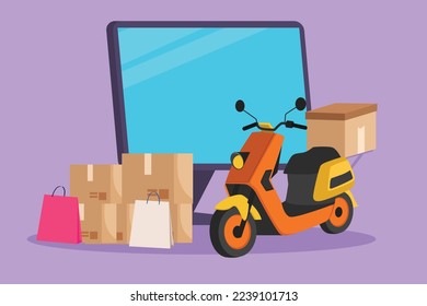 Character flat drawing giant computer monitor screen in front of courier scooter with cardboard and pile of package boxes. Online delivery service transport concept. Cartoon design vector illustration