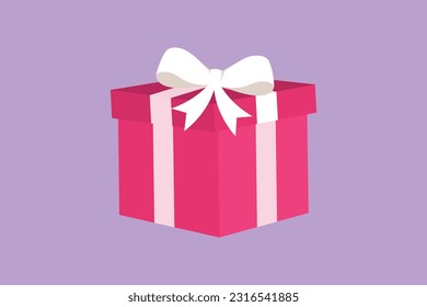 Geschenkbox mit weißem Band. Rote Schachtel mit Band einzeln auf blauem Hintergrund. Dekorative Geschenkbox oder Karton mit Buglogo, Symbol. Cartoon-Design, Vektorgrafik