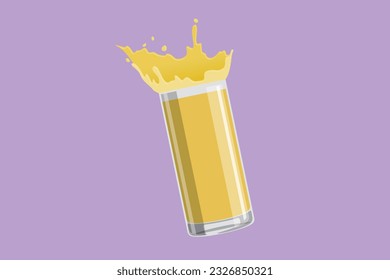 Character flat drawing glass of spilling juice with splash. Glass of splashing fresh orange juice. Splash refreshment orange juice from glass logo icon label symbol. Cartoon design vector illustration