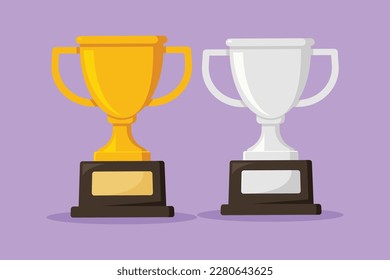 Character flat drawing golden and silver cup or trophy logo. First and second place goblet for sport event or competition celebration. Gold and runner up game price. Cartoon design vector illustration