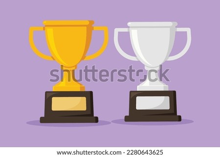 Character flat drawing golden and silver cup or trophy logo. First and second place goblet for sport event or competition celebration. Gold and runner up game price. Cartoon design vector illustration