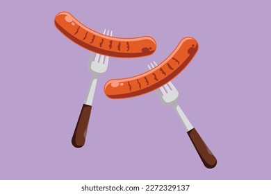 Carácter plano parrillado caracter icono del logotipo de salchicha, barbacoa y comida, salchicha en el signo de la horquilla. Deliciosa etiqueta de la comida, pegatina, símbolo de café, tienda y restaurante. Ilustración vectorial de diseño de dibujos animados