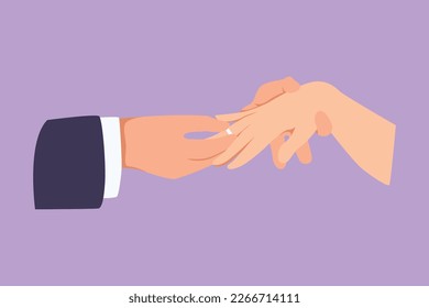 Character flat drawing groom puts ring on finger of bride. Bride and groom make vow of loyalty on their wedding day. Happy couple on marriage ceremony celebration. Cartoon design vector illustration svg