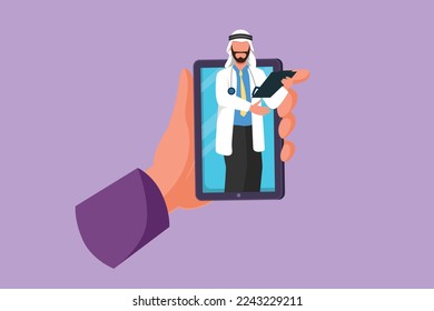 Carácter plano de la mano sujetando el smartphone y hay un médico árabe saliendo de la pantalla del smartphone sosteniendo el portapapeles. Concepto de consulta digital en línea. Ilustración vectorial de diseño de dibujos animados