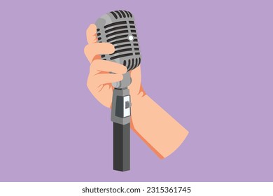 Character flat drawing hand holding a retro microphone over blue background. Rock music live concert with old microphone logo. Mic for sing a song at music festival. Cartoon design vector illustration