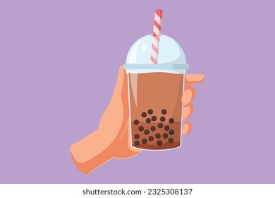 Character flat drawing of hand holding a bubble tea plastic cup. Boba tea, a sweet Taiwanese milk tea drink popular in Asia. Trend food and drink logo, icon, symbol. Cartoon design vector illustration