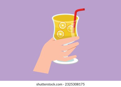 Character flat drawing hand holding glass with lemon fruit juice. Sweet beverage. Tasty and yummy food. Juicy water with straw, delicious treatment organic product. Cartoon design vector illustration