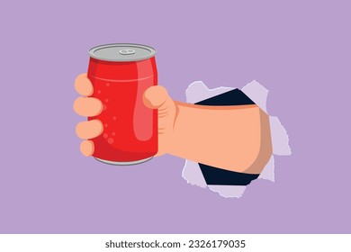 Character flat drawing of hand holding a aluminum can drink through torn blue paper or hole without label. Beverages in metal container. Refreshing drink for people. Cartoon design vector illustration