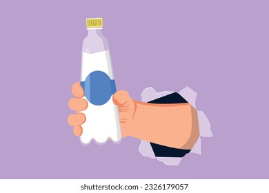 Carácter plano de la mano sosteniendo una botella de plástico de agua potable refrescante, salpicar a través de papel azul roto. Concepto hambriento y sediento de buena salud. Ilustración vectorial de diseño de dibujos animados