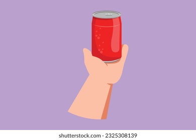 Character flat drawing hand holds a wet aluminum can. Realistic soda cans without labels isolated on blue background. Mock up template, logo, icon, symbol, concept. Cartoon design vector illustration