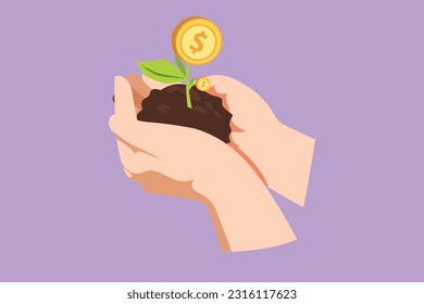 Character flat drawing hands of farmer is planting money seedlings into soil logo, icon, symbol. Money, saving and investment or family planning for better future. Cartoon design vector illustration