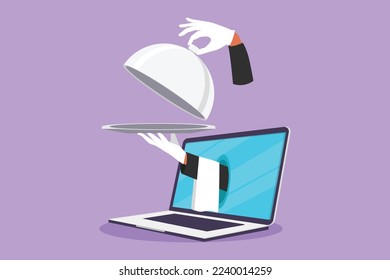 Character flat drawing hands out of laptop computer screen with open empty tray to serve food. Order food digital with internet app. Online delivery service concept. Cartoon design vector illustration