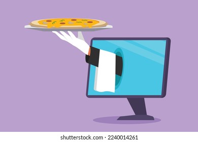 Character flat drawing hands out of computer monitor screen with tray open to serve delicious Italian pizza. Digital app order. Online food delivery service concept. Cartoon design vector illustration