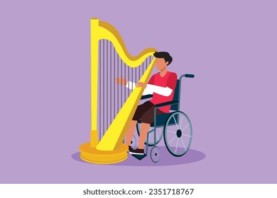 Character flat drawing handsome man sitting in wheelchair plays harp in concert. Disability and classical music performance. Physically disabled. Person in hospital. Cartoon design vector illustration