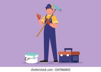 Character flat drawing of handyman standing and holding long roll paintbrush with okay gesture and toolbox. Ready to home service, housing renovation and decoration. Cartoon design vector illustration