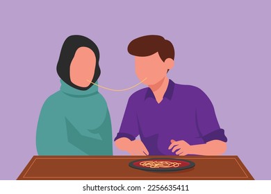 Character flat drawing happy Arab couple having romantic date in restaurant eating pasta together. Man and woman enjoying romance in cafe. Celebrate anniversaries. Cartoon design vector illustration
